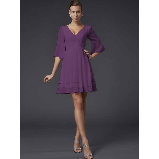 V-Neck Elegant 1/2 Sleeves Beading Short Chiffon Bridesmaid Dresses