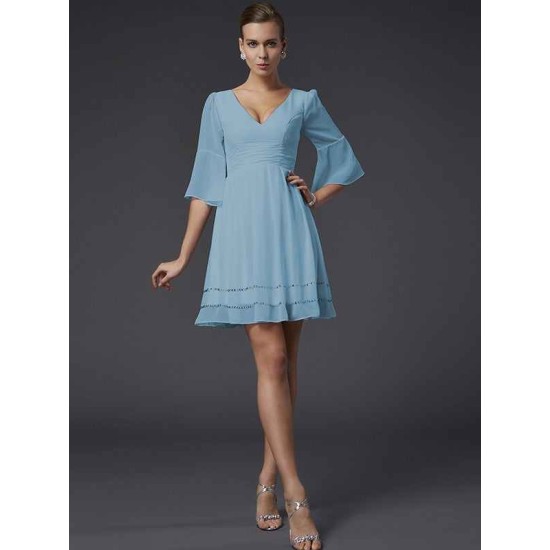 V-Neck Elegant 1/2 Sleeves Beading Short Chiffon Bridesmaid Dresses