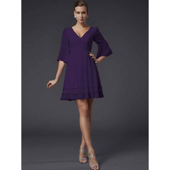 V-Neck Elegant 1/2 Sleeves Beading Short Chiffon Bridesmaid Dresses