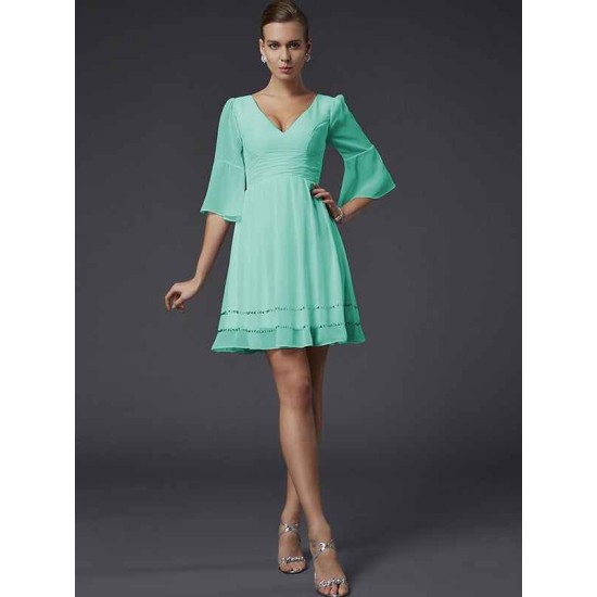 V-Neck Elegant 1/2 Sleeves Beading Short Chiffon Bridesmaid Dresses