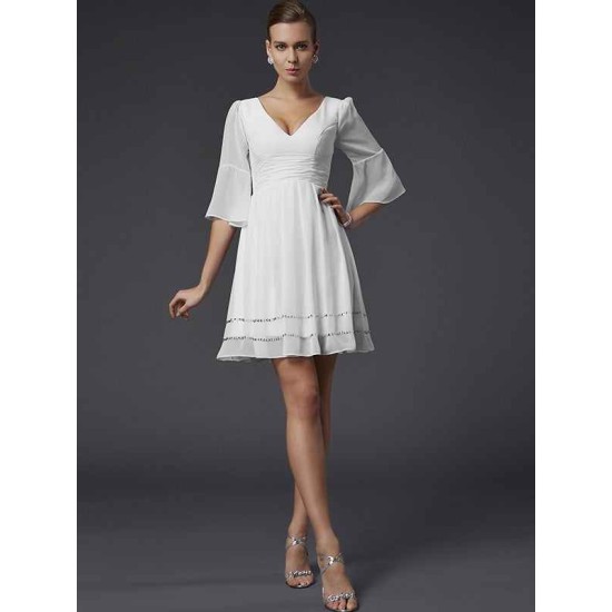 V-Neck Elegant 1/2 Sleeves Beading Short Chiffon Bridesmaid Dresses