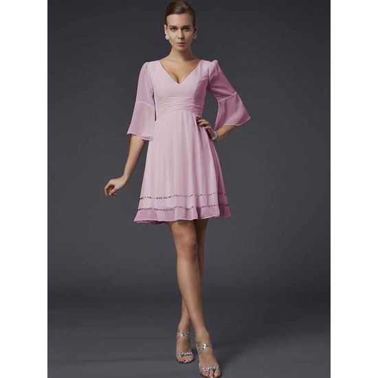 V-Neck Elegant 1/2 Sleeves Beading Short Chiffon Bridesmaid Dresses