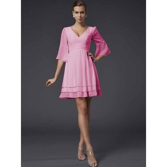 V-Neck Elegant 1/2 Sleeves Beading Short Chiffon Bridesmaid Dresses