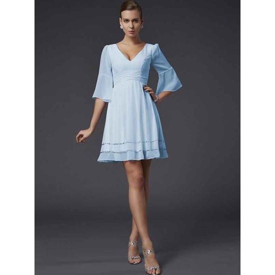 V-Neck Elegant 1/2 Sleeves Beading Short Chiffon Bridesmaid Dresses