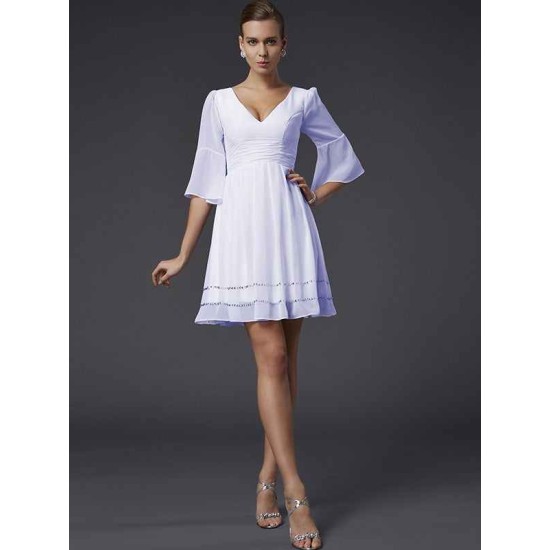 V-Neck Elegant 1/2 Sleeves Beading Short Chiffon Bridesmaid Dresses