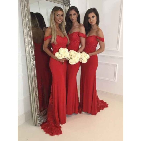 Mermaid Gorgeous Off-the-Shoulder Sleeveless Jersey Bridesmaid Dresses
