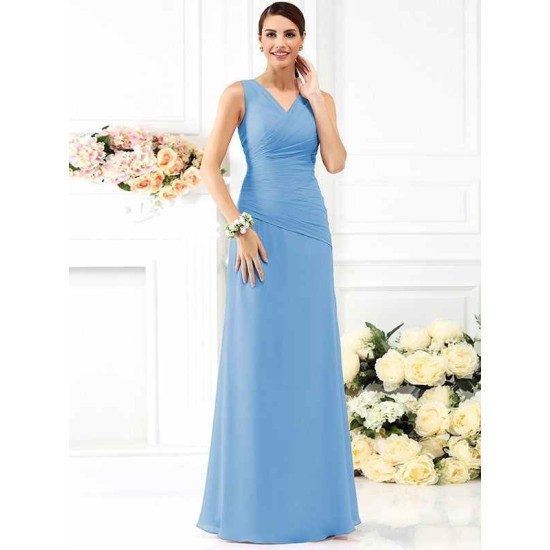 V-Neck Elegant Pleats Sleeveless Long Chiffon Bridesmaid Dresses