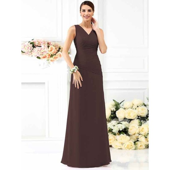 V-Neck Elegant Pleats Sleeveless Long Chiffon Bridesmaid Dresses