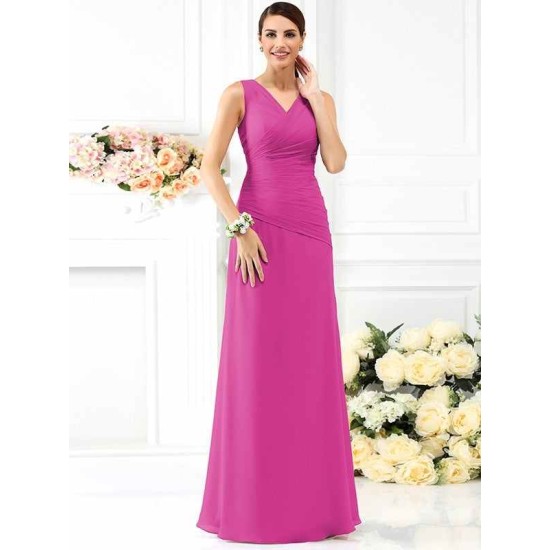 V-Neck Elegant Pleats Sleeveless Long Chiffon Bridesmaid Dresses