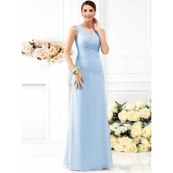V-Neck Elegant Pleats Sleeveless Long Chiffon Bridesmaid Dresses