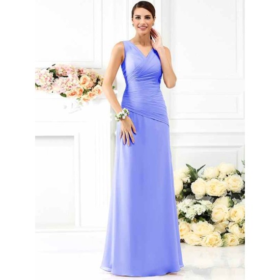 V-Neck Elegant Pleats Sleeveless Long Chiffon Bridesmaid Dresses
