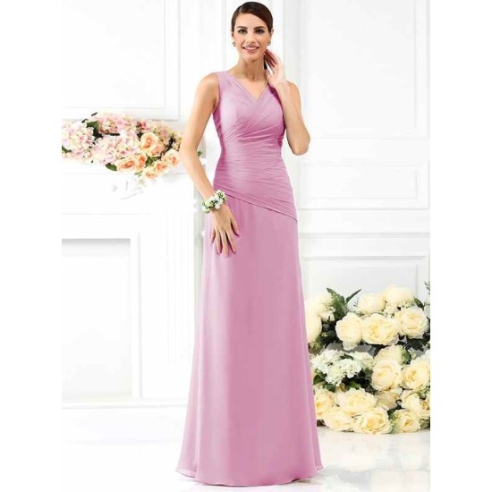 V-Neck Elegant Pleats Sleeveless Long Chiffon Bridesmaid Dresses