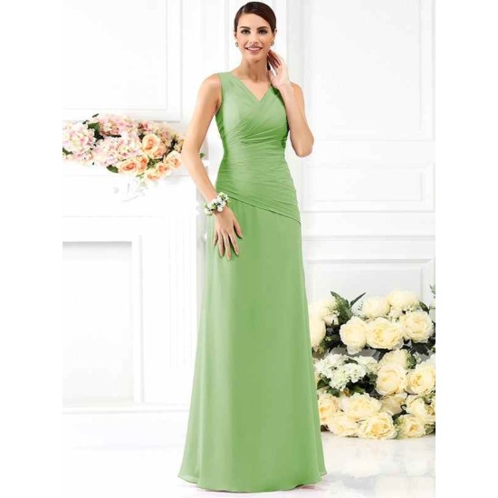 V-Neck Elegant Pleats Sleeveless Long Chiffon Bridesmaid Dresses