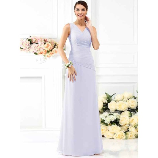 V-Neck Elegant Pleats Sleeveless Long Chiffon Bridesmaid Dresses