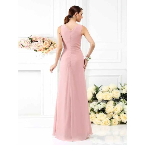 V-Neck Elegant Pleats Sleeveless Long Chiffon Bridesmaid Dresses