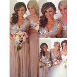 V-Neck Elegant Sleeveless Sequin Chiffon Bridesmaid Dresses