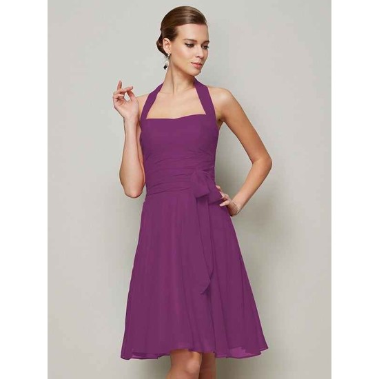 Charming Halter Sleeveless Pleats Bowknot Short Chiffon Bridesmaid Dresses