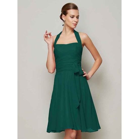 Charming Halter Sleeveless Pleats Bowknot Short Chiffon Bridesmaid Dresses
