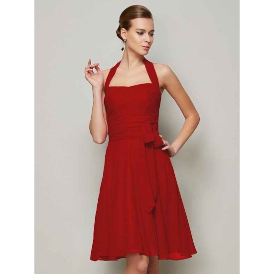 Charming Halter Sleeveless Pleats Bowknot Short Chiffon Bridesmaid Dresses