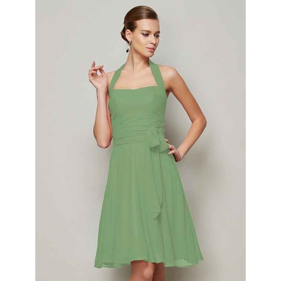 Charming Halter Sleeveless Pleats Bowknot Short Chiffon Bridesmaid Dresses