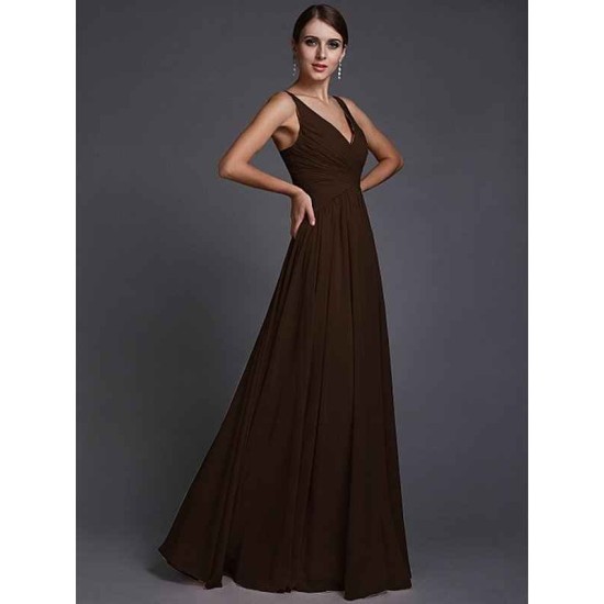 V-Neck Elegant Sleeveless Long Ruffles Chiffon Bridesmaid Dresses