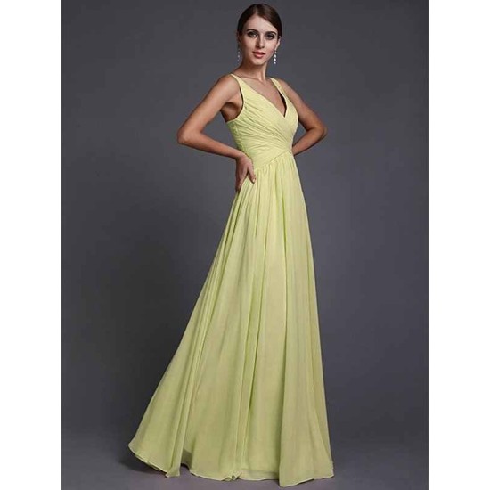 V-Neck Elegant Sleeveless Long Ruffles Chiffon Bridesmaid Dresses