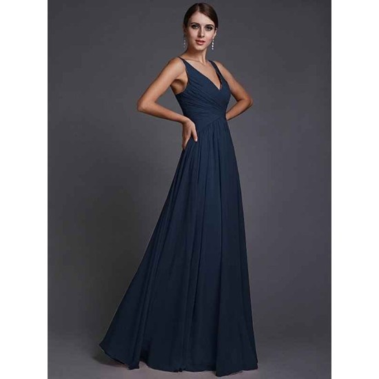 V-Neck Elegant Sleeveless Long Ruffles Chiffon Bridesmaid Dresses
