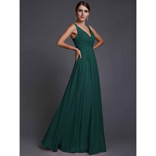 V-Neck Elegant Sleeveless Long Ruffles Chiffon Bridesmaid Dresses