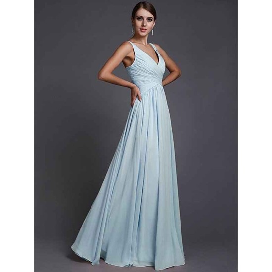 V-Neck Elegant Sleeveless Long Ruffles Chiffon Bridesmaid Dresses