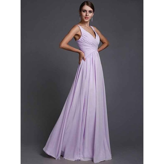 V-Neck Elegant Sleeveless Long Ruffles Chiffon Bridesmaid Dresses