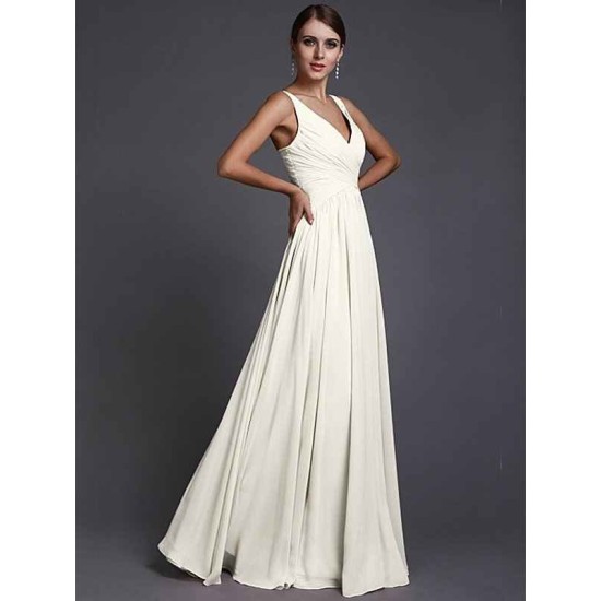V-Neck Elegant Sleeveless Long Ruffles Chiffon Bridesmaid Dresses