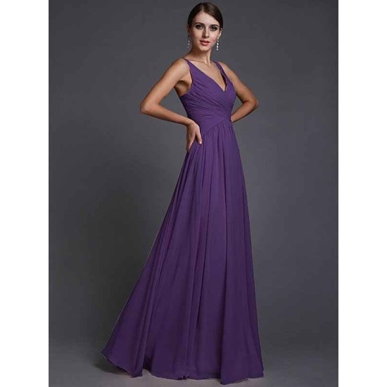 V-Neck Elegant Sleeveless Long Ruffles Chiffon Bridesmaid Dresses