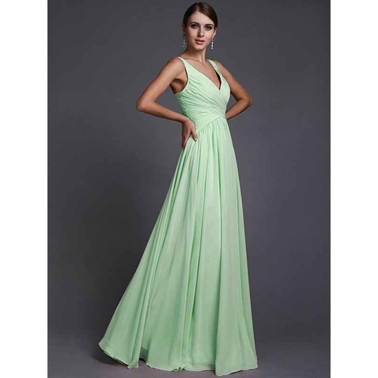 V-Neck Elegant Sleeveless Long Ruffles Chiffon Bridesmaid Dresses
