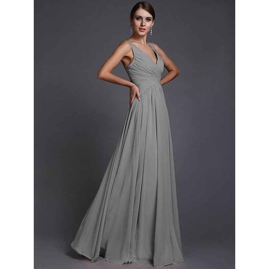 V-Neck Elegant Sleeveless Long Ruffles Chiffon Bridesmaid Dresses