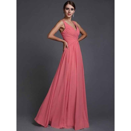 V-Neck Elegant Sleeveless Long Ruffles Chiffon Bridesmaid Dresses