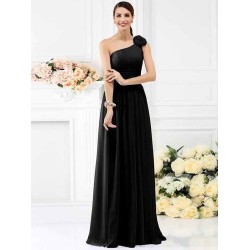 Charming One Shoulder Pleats Hand-Made Flower Sleeveless Long Chiffon Bridesmaid Dresses