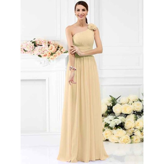 Charming One Shoulder Pleats Hand-Made Flower Sleeveless Long Chiffon Bridesmaid Dresses