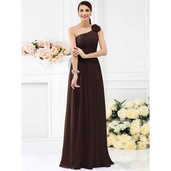 Charming One Shoulder Pleats Hand-Made Flower Sleeveless Long Chiffon Bridesmaid Dresses
