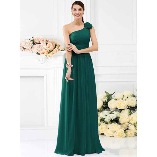 Charming One Shoulder Pleats Hand-Made Flower Sleeveless Long Chiffon Bridesmaid Dresses
