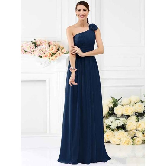 Charming One Shoulder Pleats Hand-Made Flower Sleeveless Long Chiffon Bridesmaid Dresses