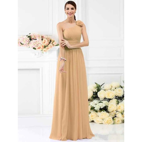 Charming One Shoulder Pleats Hand-Made Flower Sleeveless Long Chiffon Bridesmaid Dresses