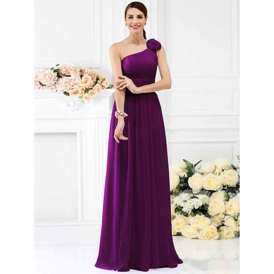 Charming One Shoulder Pleats Hand-Made Flower Sleeveless Long Chiffon Bridesmaid Dresses