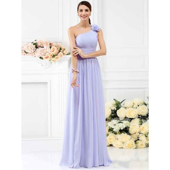 Charming One Shoulder Pleats Hand-Made Flower Sleeveless Long Chiffon Bridesmaid Dresses