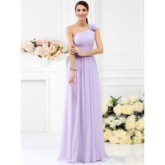 Charming One Shoulder Pleats Hand-Made Flower Sleeveless Long Chiffon Bridesmaid Dresses