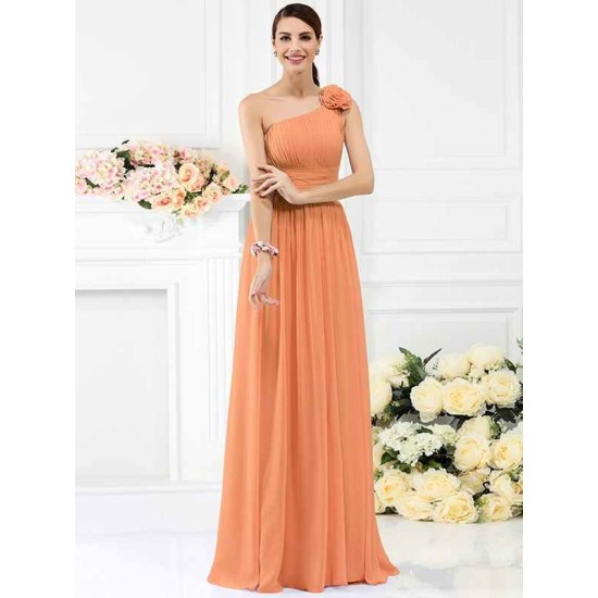 Charming One Shoulder Pleats Hand-Made Flower Sleeveless Long Chiffon Bridesmaid Dresses