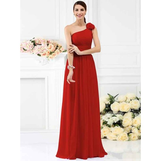 Charming One Shoulder Pleats Hand-Made Flower Sleeveless Long Chiffon Bridesmaid Dresses