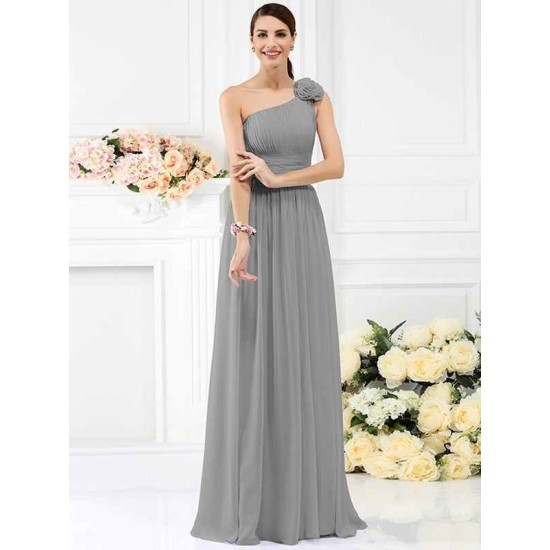 Charming One Shoulder Pleats Hand-Made Flower Sleeveless Long Chiffon Bridesmaid Dresses