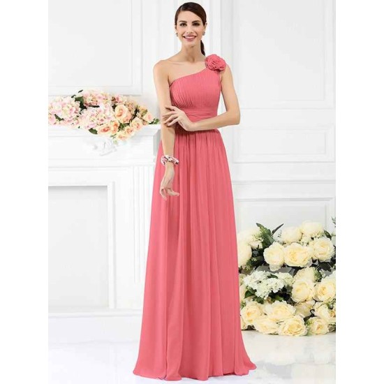 Charming One Shoulder Pleats Hand-Made Flower Sleeveless Long Chiffon Bridesmaid Dresses
