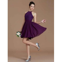 Charming Halter Sleeveless Lace Short/Mini Chiffon Bridesmaid Dresses