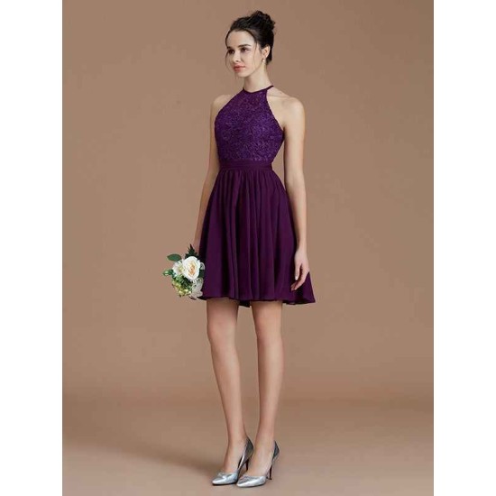 Charming Halter Sleeveless Lace Short/Mini Chiffon Bridesmaid Dresses